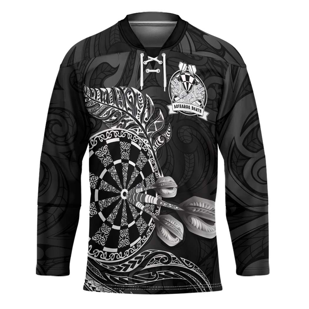 Personalised New Zealand Aotearoa Darts Masters Hockey Jersey Tribal Silver Fern and Ta Moko Dartboard LT03 Unisex Black - Polynesian Pride