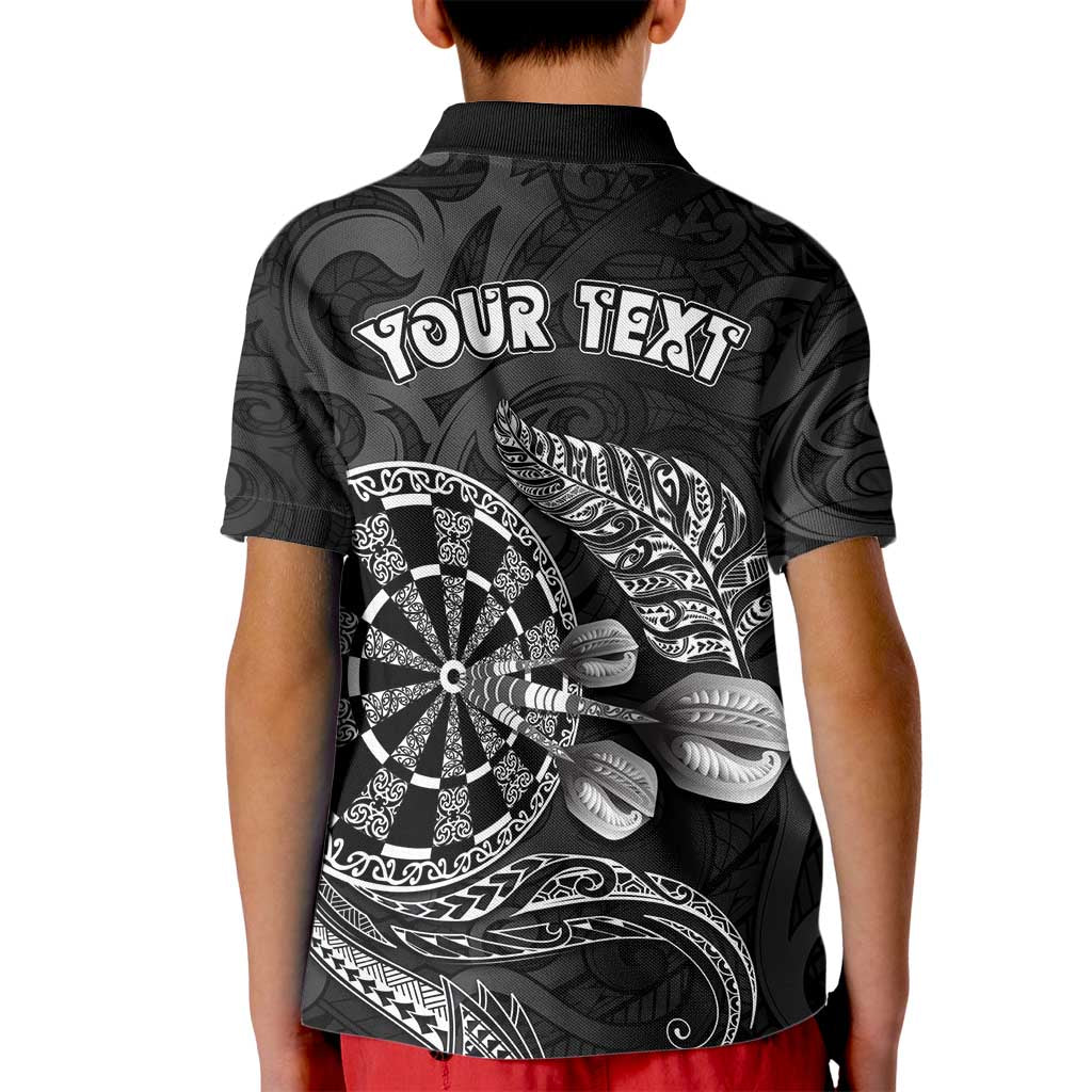 Personalised New Zealand Aotearoa Darts Masters Kid Polo Shirt Tribal Silver Fern and Ta Moko Dartboard - Polynesian Pride
