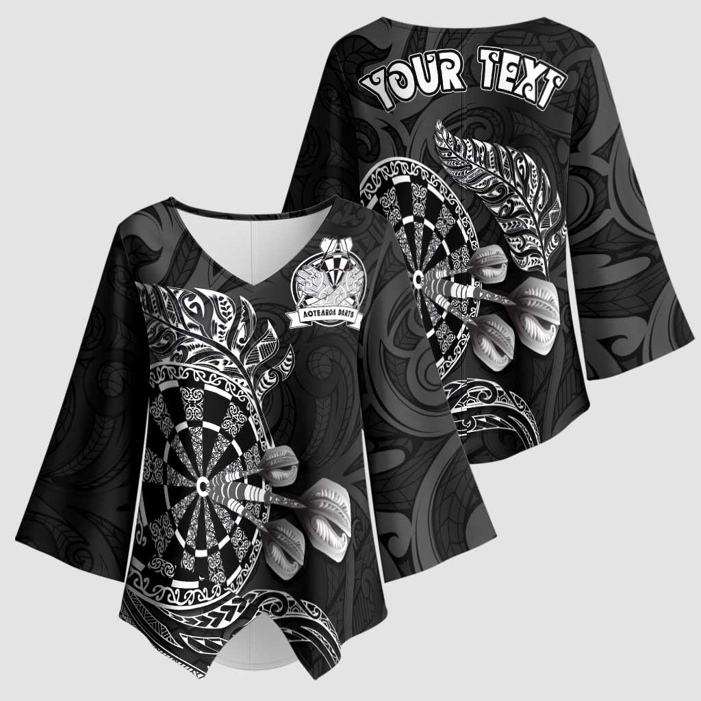 Personalised New Zealand Aotearoa Darts Masters Kimono Sleeve Blouse Tribal Silver Fern and Ta Moko Dartboard - Polynesian Pride