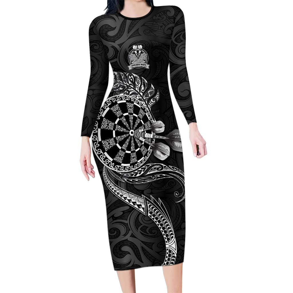 Personalised New Zealand Aotearoa Darts Masters Long Sleeve Bodycon Dress Tribal Silver Fern and Ta Moko Dartboard - Polynesian Pride