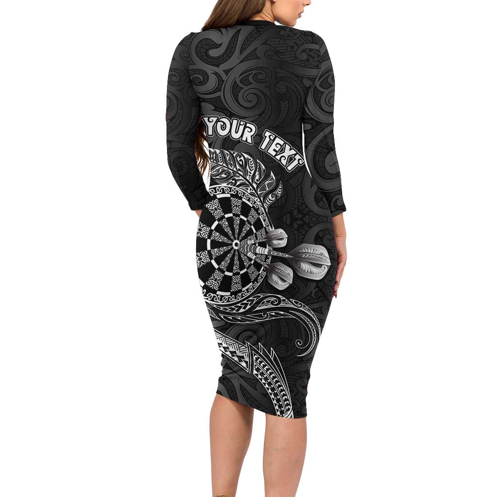 Personalised New Zealand Aotearoa Darts Masters Long Sleeve Bodycon Dress Tribal Silver Fern and Ta Moko Dartboard - Polynesian Pride
