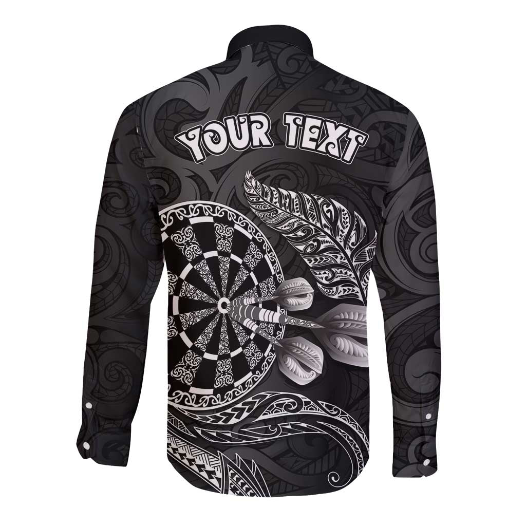 Personalised New Zealand Aotearoa Darts Masters Long Sleeve Button Shirt Tribal Silver Fern and Ta Moko Dartboard - Polynesian Pride