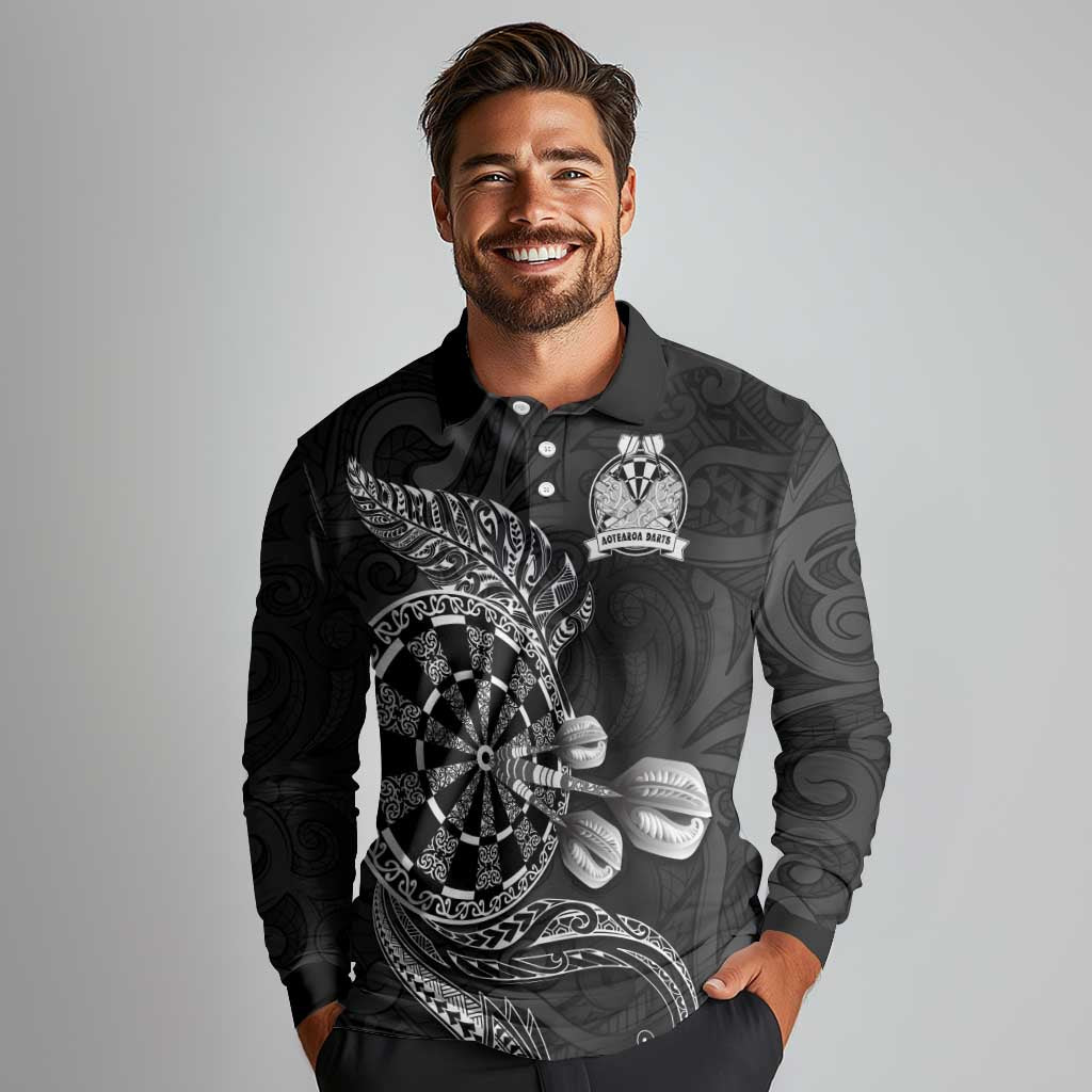 Personalised New Zealand Aotearoa Darts Masters Long Sleeve Polo Shirt Tribal Silver Fern and Ta Moko Dartboard - Polynesian Pride