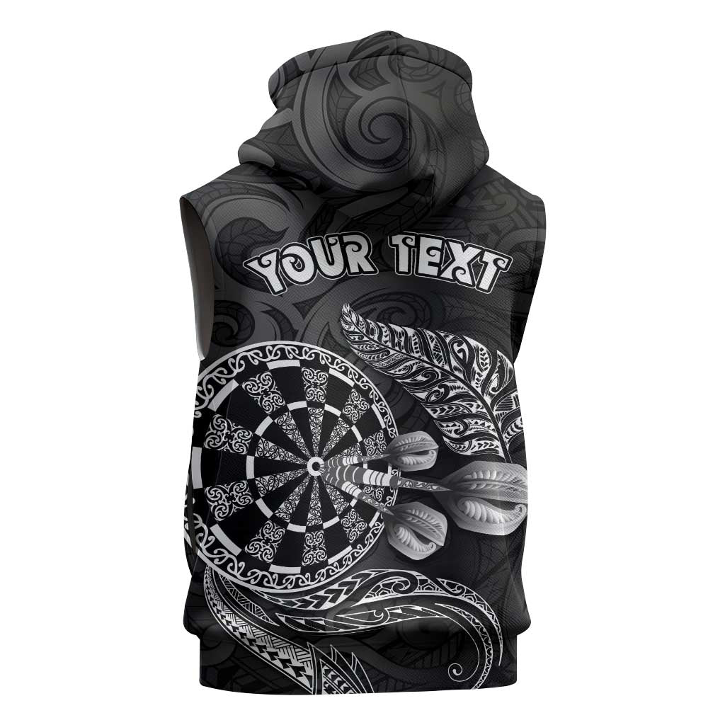 Personalised New Zealand Aotearoa Darts Masters Sleeveless Zip Hoodie Tribal Silver Fern and Ta Moko Dartboard - Polynesian Pride
