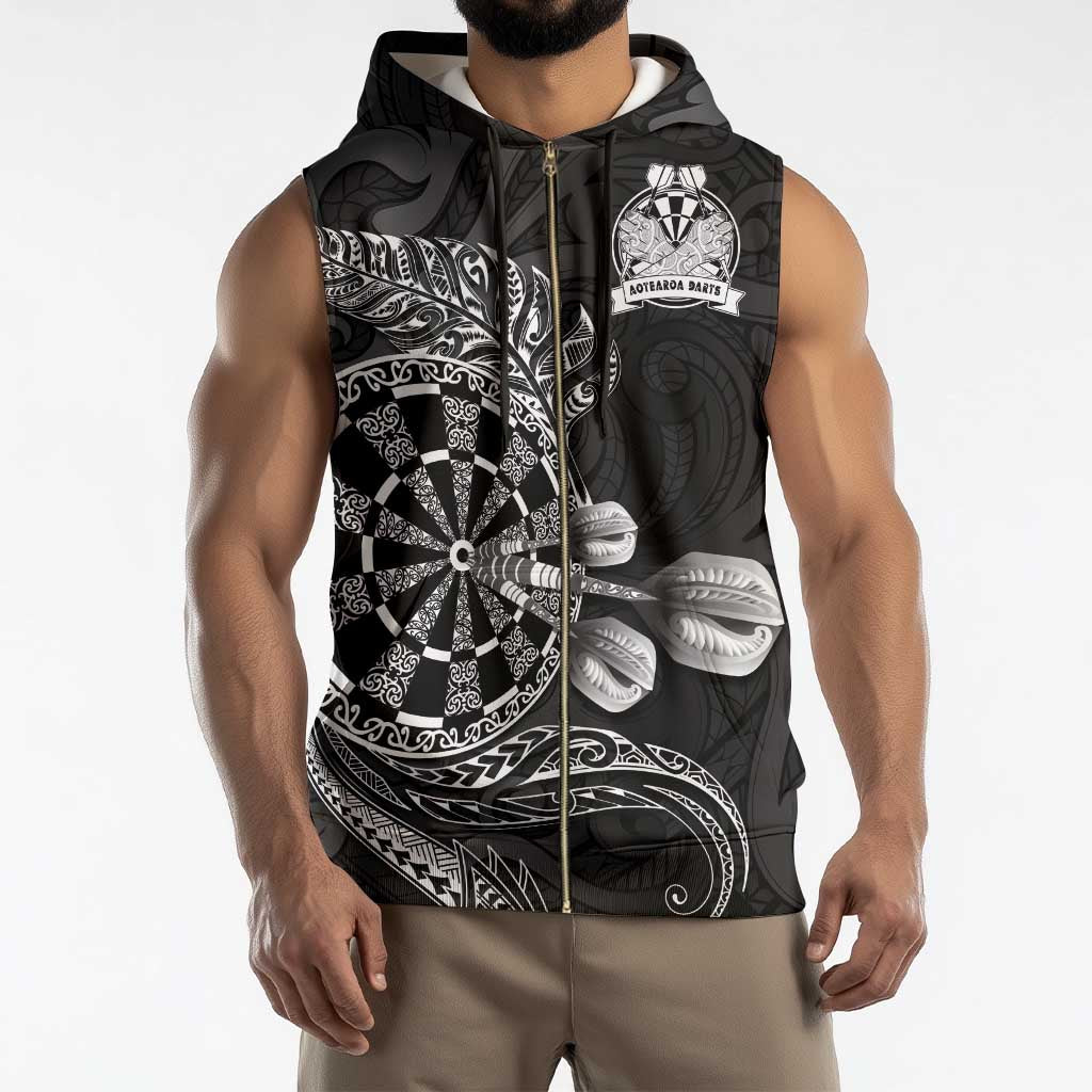 Personalised New Zealand Aotearoa Darts Masters Sleeveless Zip Hoodie Tribal Silver Fern and Ta Moko Dartboard - Polynesian Pride
