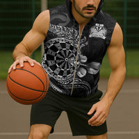 Personalised New Zealand Aotearoa Darts Masters Sleeveless Zip Hoodie Tribal Silver Fern and Ta Moko Dartboard - Polynesian Pride