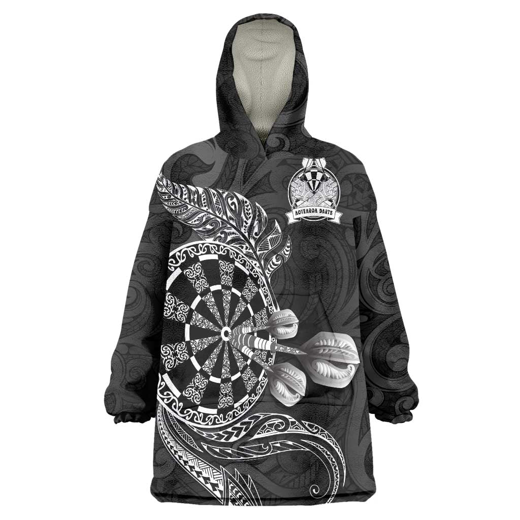 Personalised New Zealand Aotearoa Darts Masters Wearable Blanket Hoodie Tribal Silver Fern and Ta Moko Dartboard - Polynesian Pride