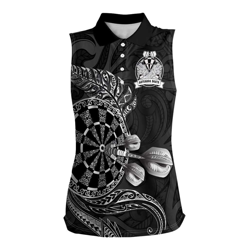 Personalised New Zealand Aotearoa Darts Masters Women Sleeveless Polo Shirt Tribal Silver Fern and Ta Moko Dartboard - Polynesian Pride