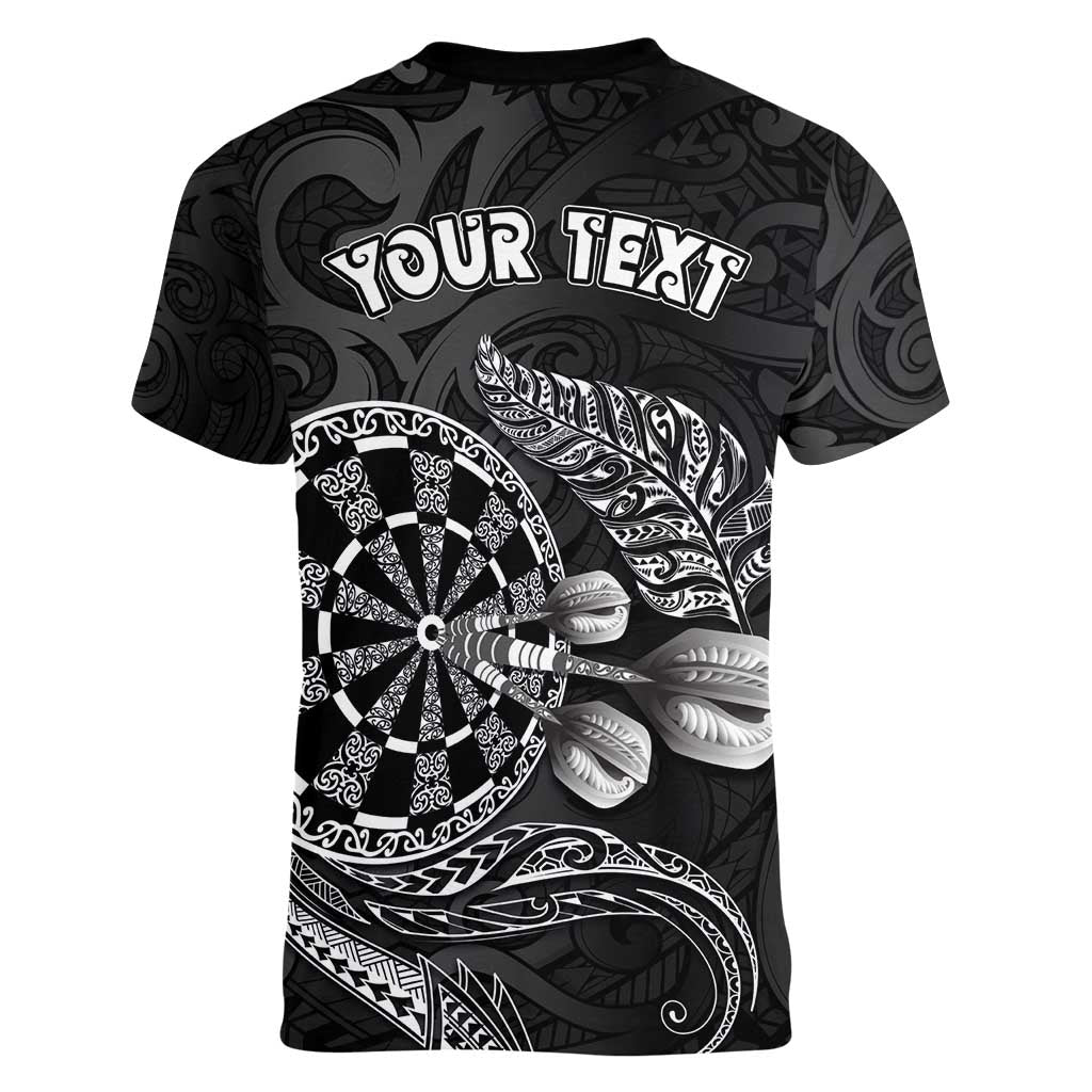 Personalised New Zealand Aotearoa Darts Masters Women V-Neck T-Shirt Tribal Silver Fern and Ta Moko Dartboard - Polynesian Pride