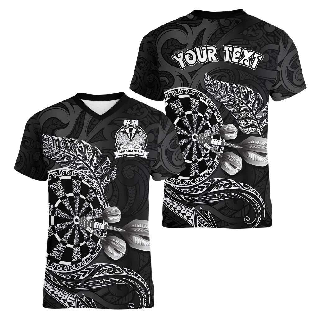 Personalised New Zealand Aotearoa Darts Masters Women V-Neck T-Shirt Tribal Silver Fern and Ta Moko Dartboard - Polynesian Pride