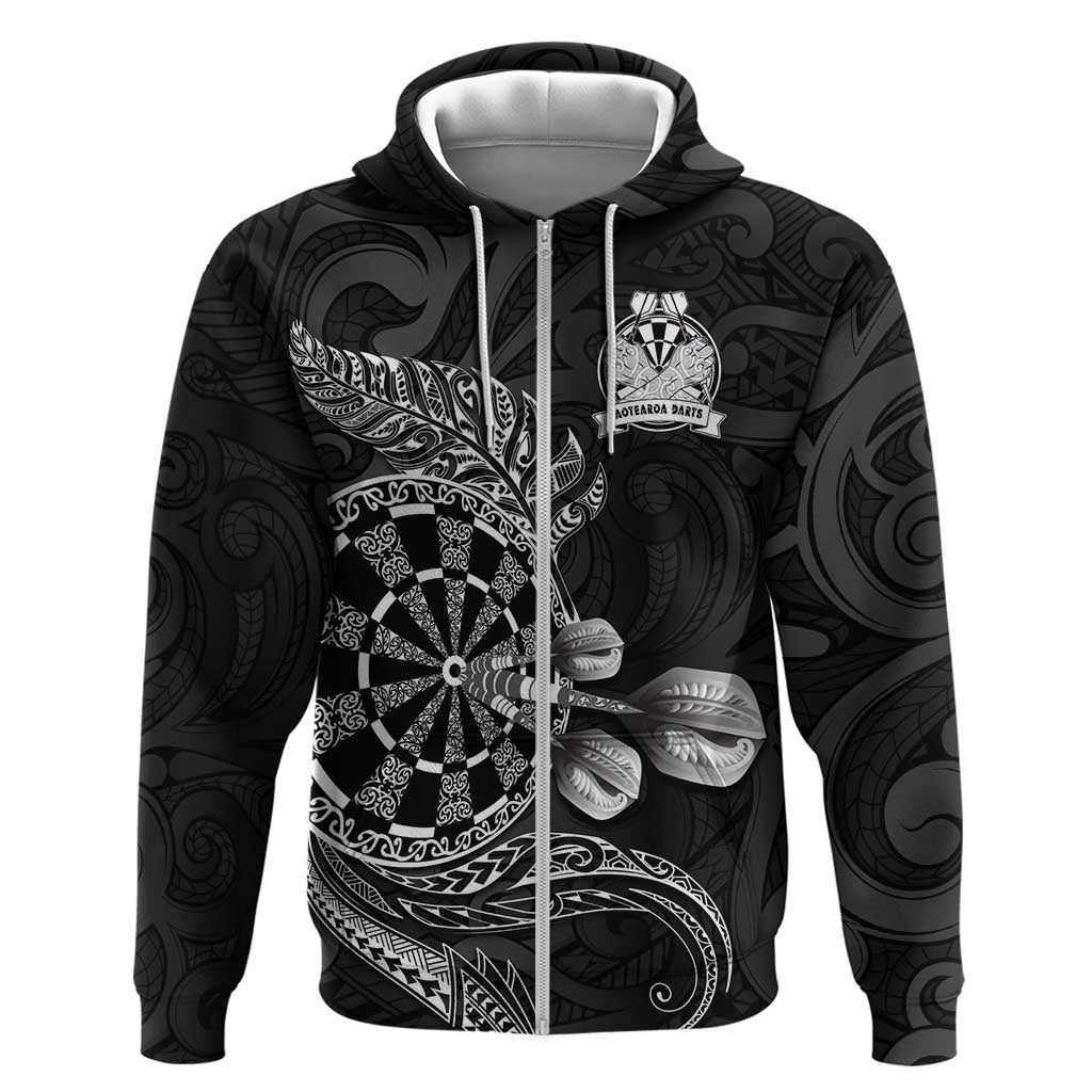Personalised New Zealand Aotearoa Darts Masters Zip Hoodie Tribal Silver Fern and Ta Moko Dartboard - Polynesian Pride