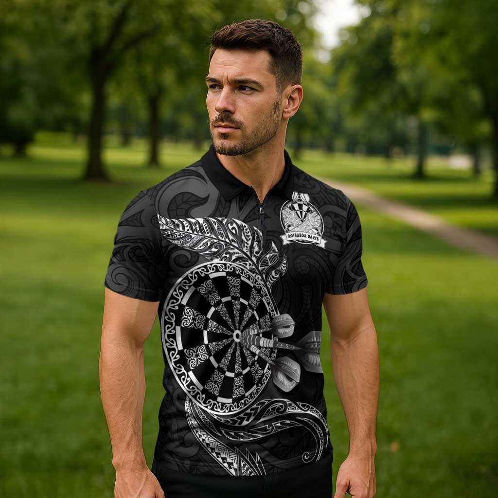 Personalised New Zealand Aotearoa Darts Masters Zipper Polo Shirt Tribal Silver Fern and Ta Moko Dartboard - Polynesian Pride