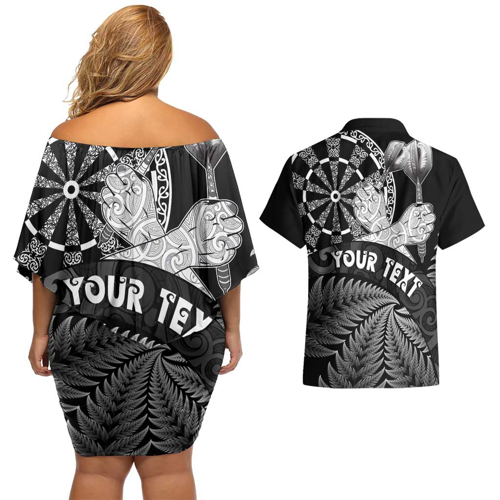 Personalised New Zealand Aotearoa Darts Masters Couples Matching Off Shoulder Short Dress and Hawaiian Shirt Silver Fern and Maori Spirit - Polynesian Pride