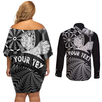 Personalised New Zealand Aotearoa Darts Masters Couples Matching Off Shoulder Short Dress and Long Sleeve Button Shirt Silver Fern and Maori Spirit - Polynesian Pride
