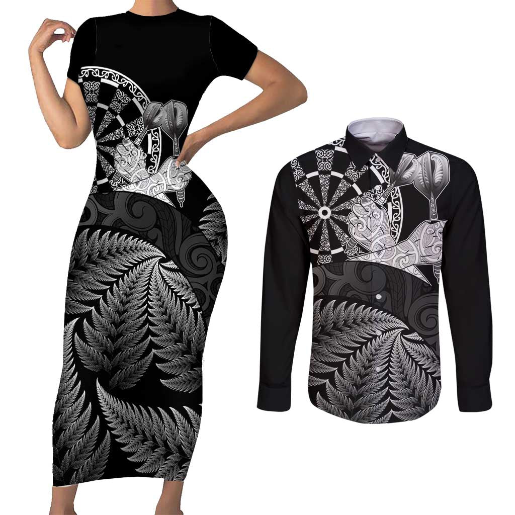 Personalised New Zealand Aotearoa Darts Masters Couples Matching Short Sleeve Bodycon Dress and Long Sleeve Button Shirt Silver Fern and Maori Spirit - Polynesian Pride