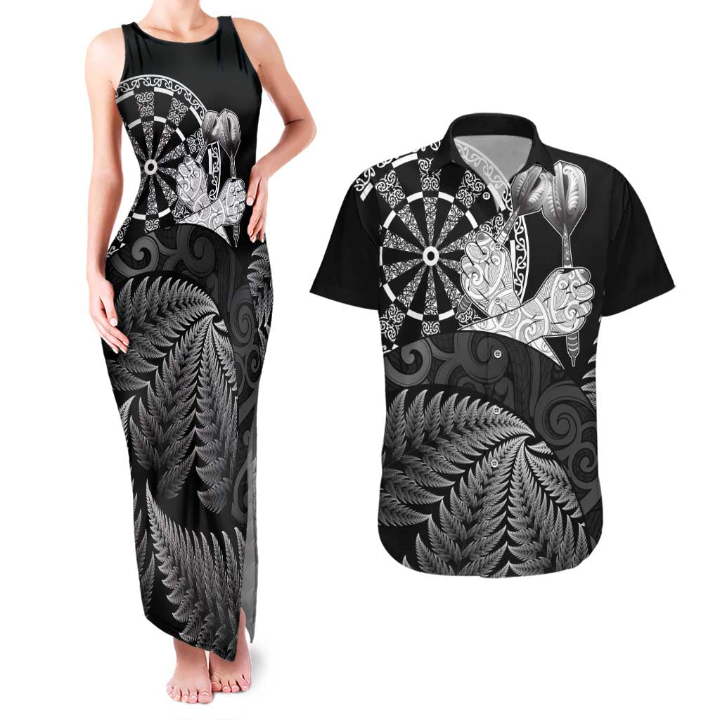 Personalised New Zealand Aotearoa Darts Masters Couples Matching Tank Maxi Dress and Hawaiian Shirt Silver Fern and Maori Spirit - Polynesian Pride