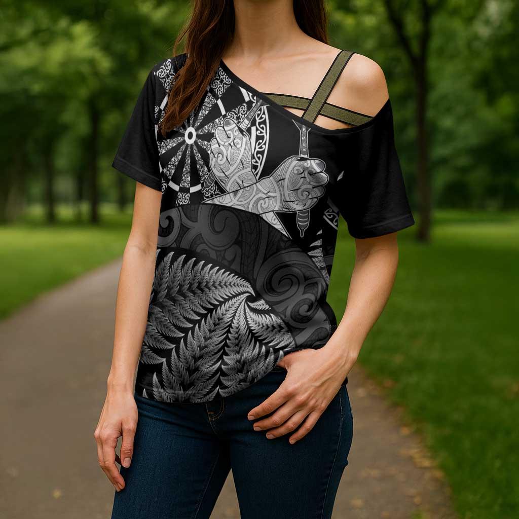 Personalised New Zealand Aotearoa Darts Masters Cross Shoulder Shirt Silver Fern and Maori Spirit - Polynesian Pride