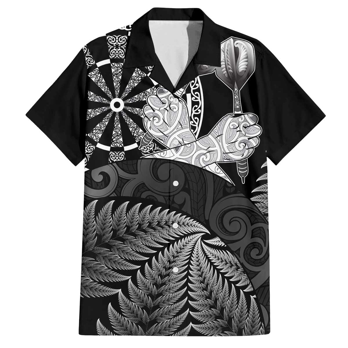 Personalised New Zealand Aotearoa Darts Masters Family Matching Off The Shoulder Long Sleeve Dress and Hawaiian Shirt Silver Fern and Maori Spirit - Polynesian Pride