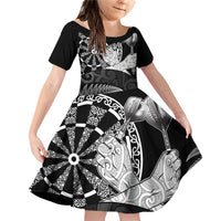 Personalised New Zealand Aotearoa Darts Masters Family Matching Off Shoulder Short Dress and Hawaiian Shirt Silver Fern and Maori Spirit - Polynesian Pride