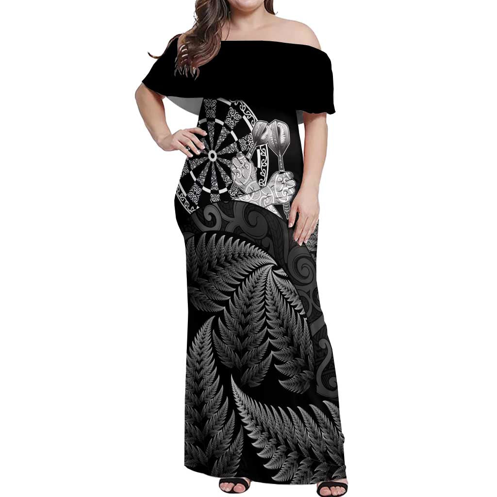 Personalised New Zealand Aotearoa Darts Masters Off Shoulder Maxi Dress Silver Fern and Maori Spirit - Polynesian Pride
