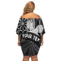 Personalised New Zealand Aotearoa Darts Masters Off Shoulder Short Dress Silver Fern and Maori Spirit - Polynesian Pride