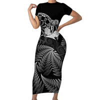 Personalised New Zealand Aotearoa Darts Masters Short Sleeve Bodycon Dress Silver Fern and Maori Spirit - Polynesian Pride