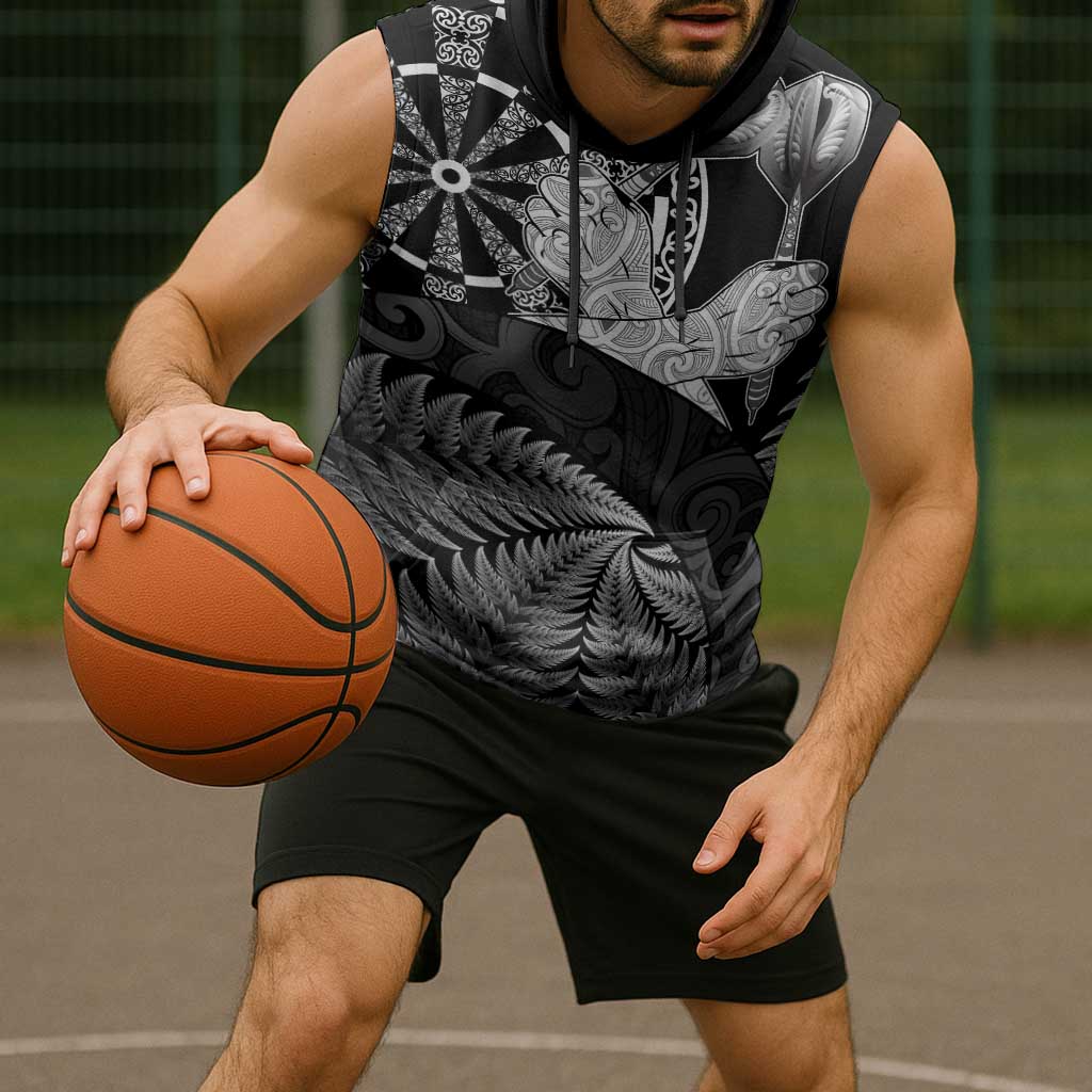 Personalised New Zealand Aotearoa Darts Masters Sleeveless Hoodie Silver Fern and Maori Spirit - Polynesian Pride