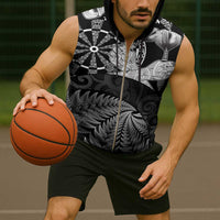 Personalised New Zealand Aotearoa Darts Masters Sleeveless Zip Hoodie Silver Fern and Maori Spirit - Polynesian Pride