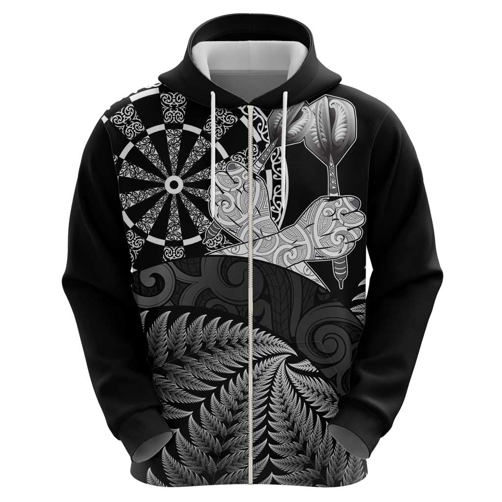 Personalised New Zealand Aotearoa Darts Masters Zip Hoodie Silver Fern and Maori Spirit - Polynesian Pride