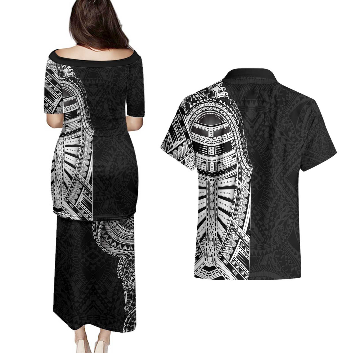 Traditional Polynesian Art Tattoos Couples Matching Puletasi and Hawaiian Shirt Black Color - Polynesian Pride