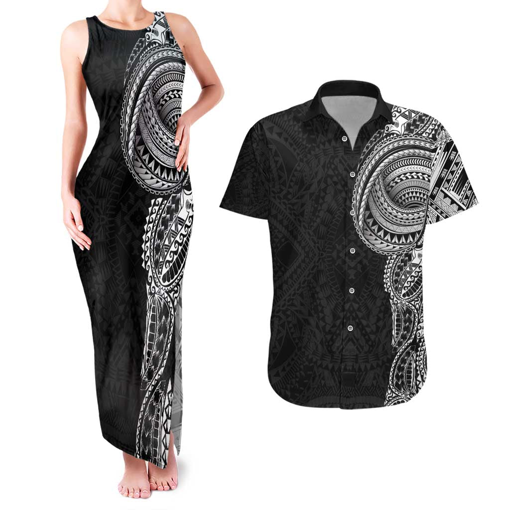 Traditional Polynesian Art Tattoos Couples Matching Tank Maxi Dress and Hawaiian Shirt Black Color - Polynesian Pride