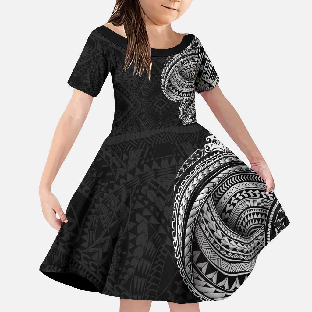 Traditional Polynesian Art Tattoos Family Matching Mermaid Dress and Hawaiian Shirt Black Color LT03 Daughter's Dress Black - Polynesian Pride
