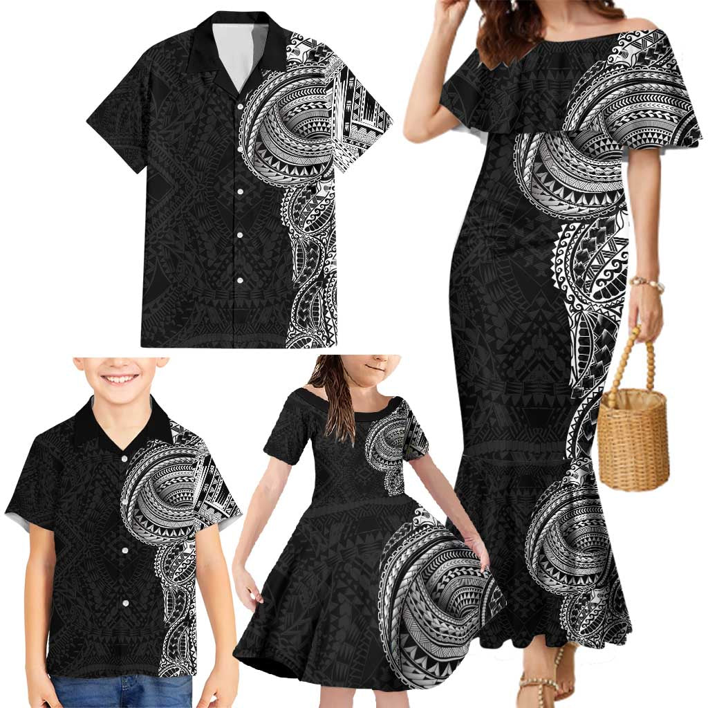 Traditional Polynesian Art Tattoos Family Matching Mermaid Dress and Hawaiian Shirt Black Color LT03 - Polynesian Pride