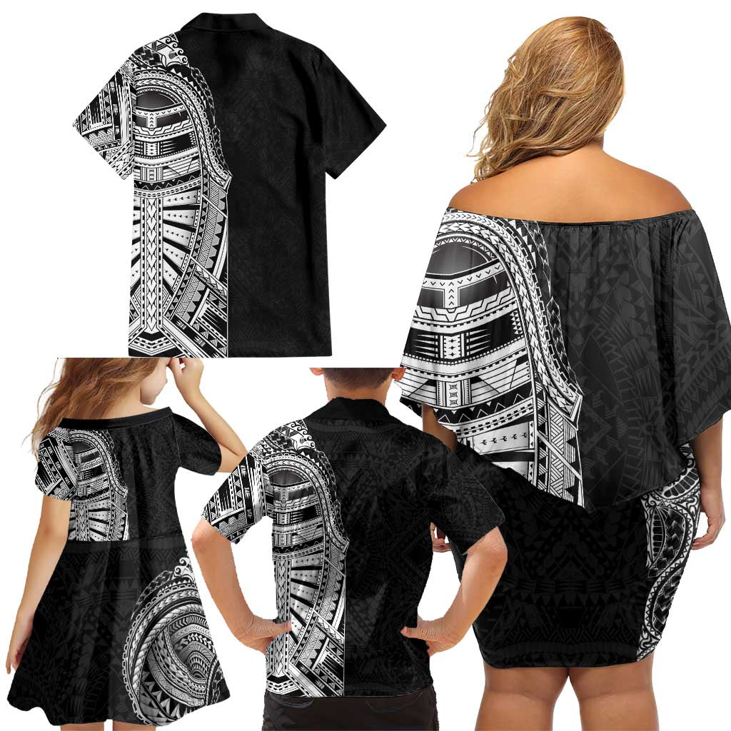 Traditional Polynesian Art Tattoos Family Matching Off Shoulder Short Dress and Hawaiian Shirt Black Color - Polynesian Pride