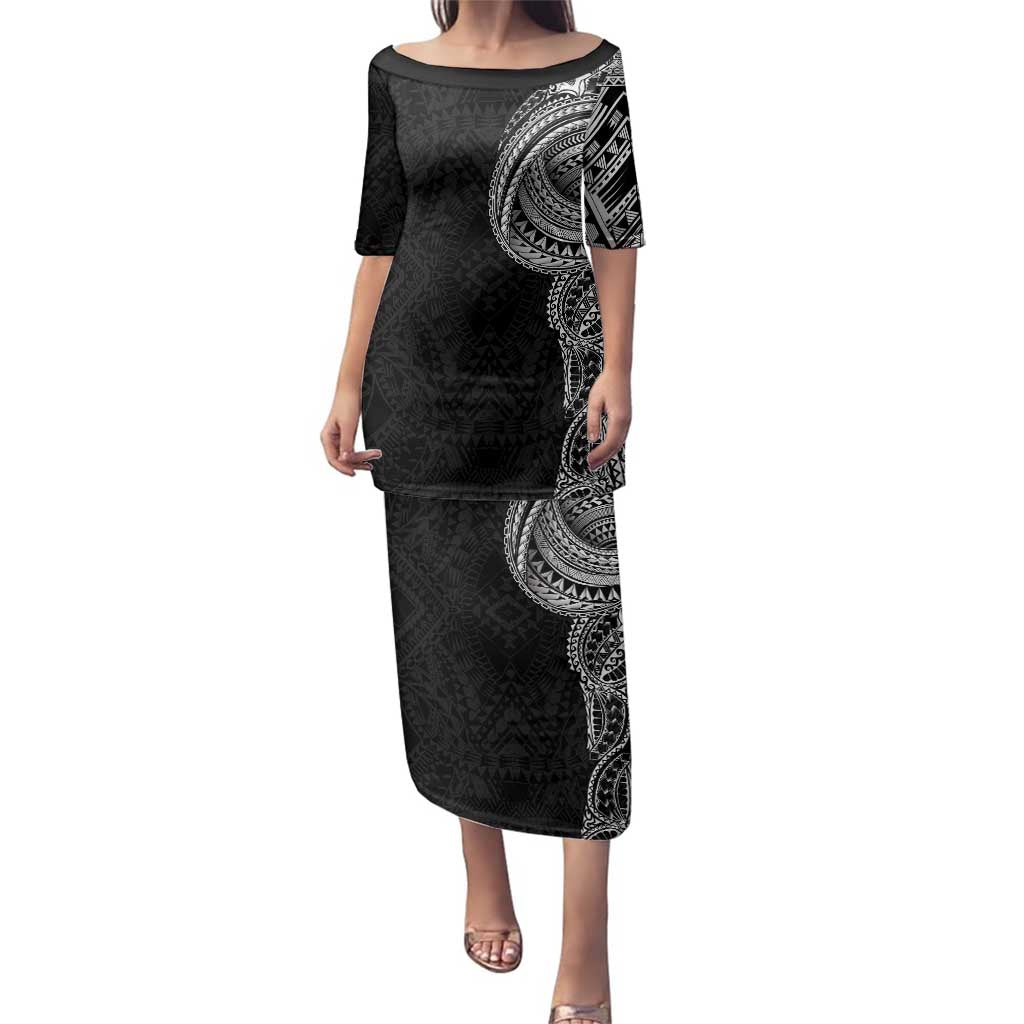 Traditional Polynesian Art Tattoos Family Matching Puletasi and Hawaiian Shirt Black Color LT03 Mom's Dress Black - Polynesian Pride
