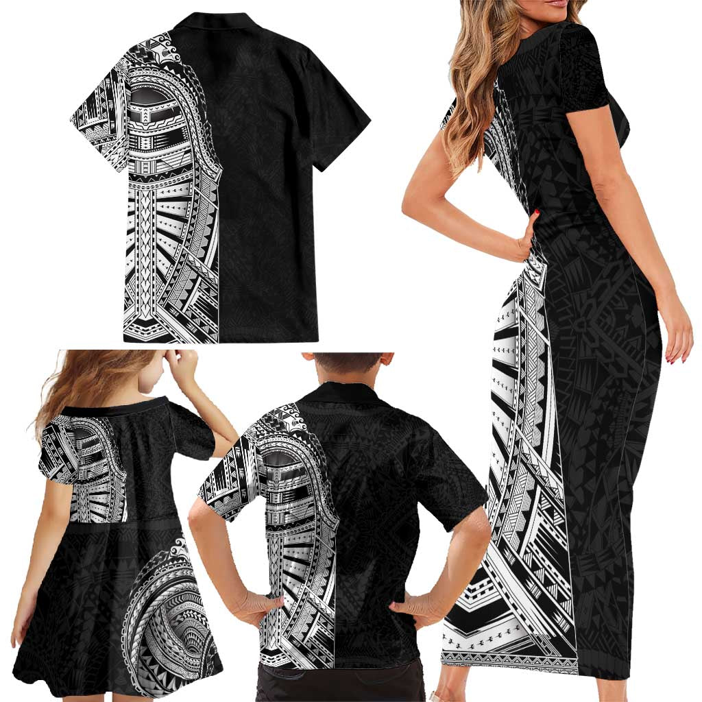 Traditional Polynesian Art Tattoos Family Matching Short Sleeve Bodycon Dress and Hawaiian Shirt Black Color LT03 - Polynesian Pride
