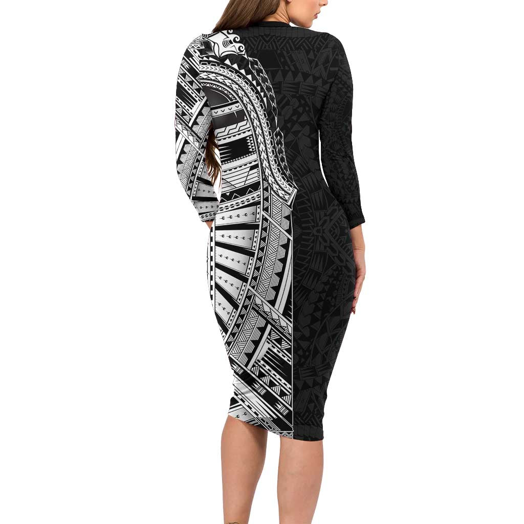 Traditional Polynesian Art Tattoos Long Sleeve Bodycon Dress Black Color - Polynesian Pride
