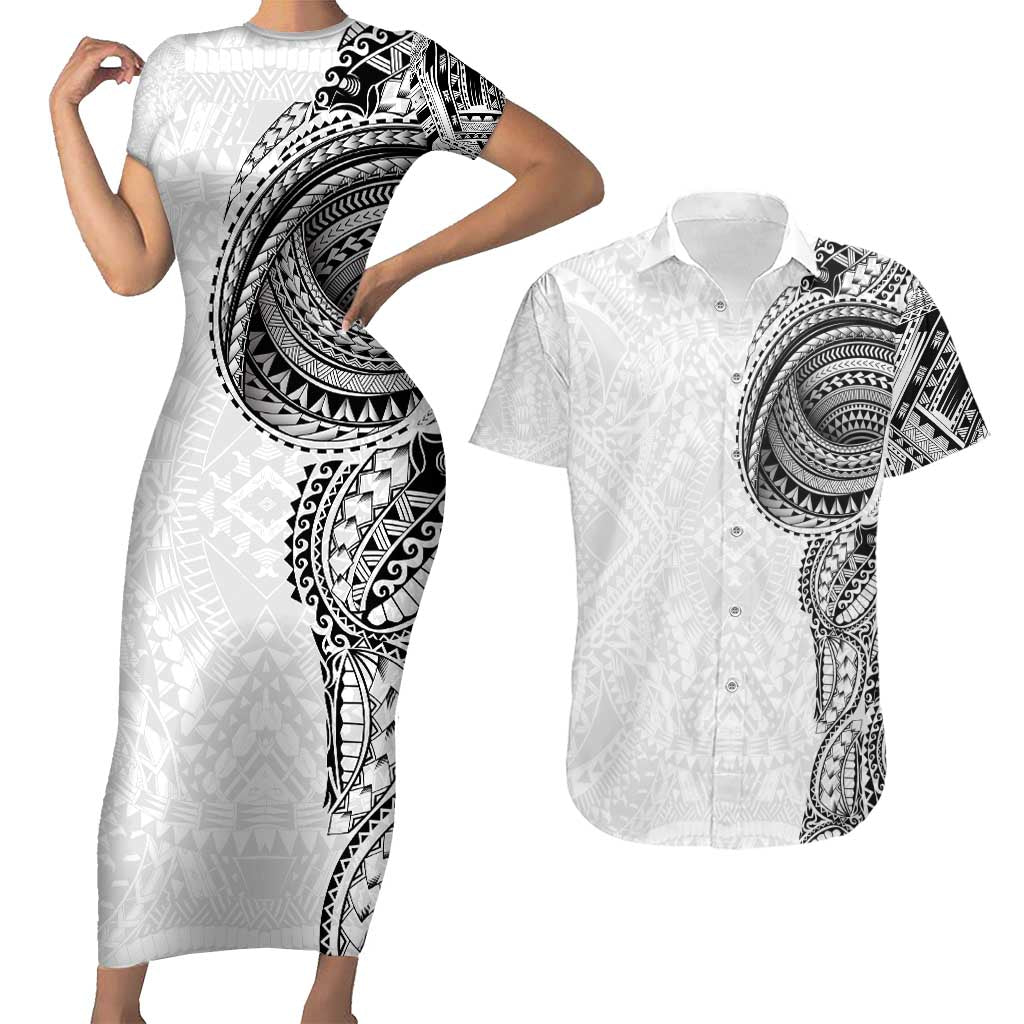 Traditional Polynesian Art Tattoos Couples Matching Short Sleeve Bodycon Dress and Hawaiian Shirt White Color - Polynesian Pride