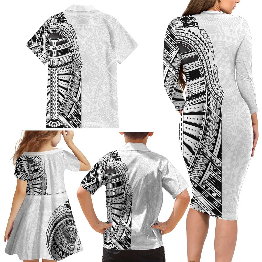 Traditional Polynesian Art Tattoos Family Matching Long Sleeve Bodycon Dress and Hawaiian Shirt White Color LT03 - Polynesian Pride