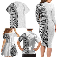 Traditional Polynesian Art Tattoos Family Matching Long Sleeve Bodycon Dress and Hawaiian Shirt White Color LT03 - Polynesian Pride