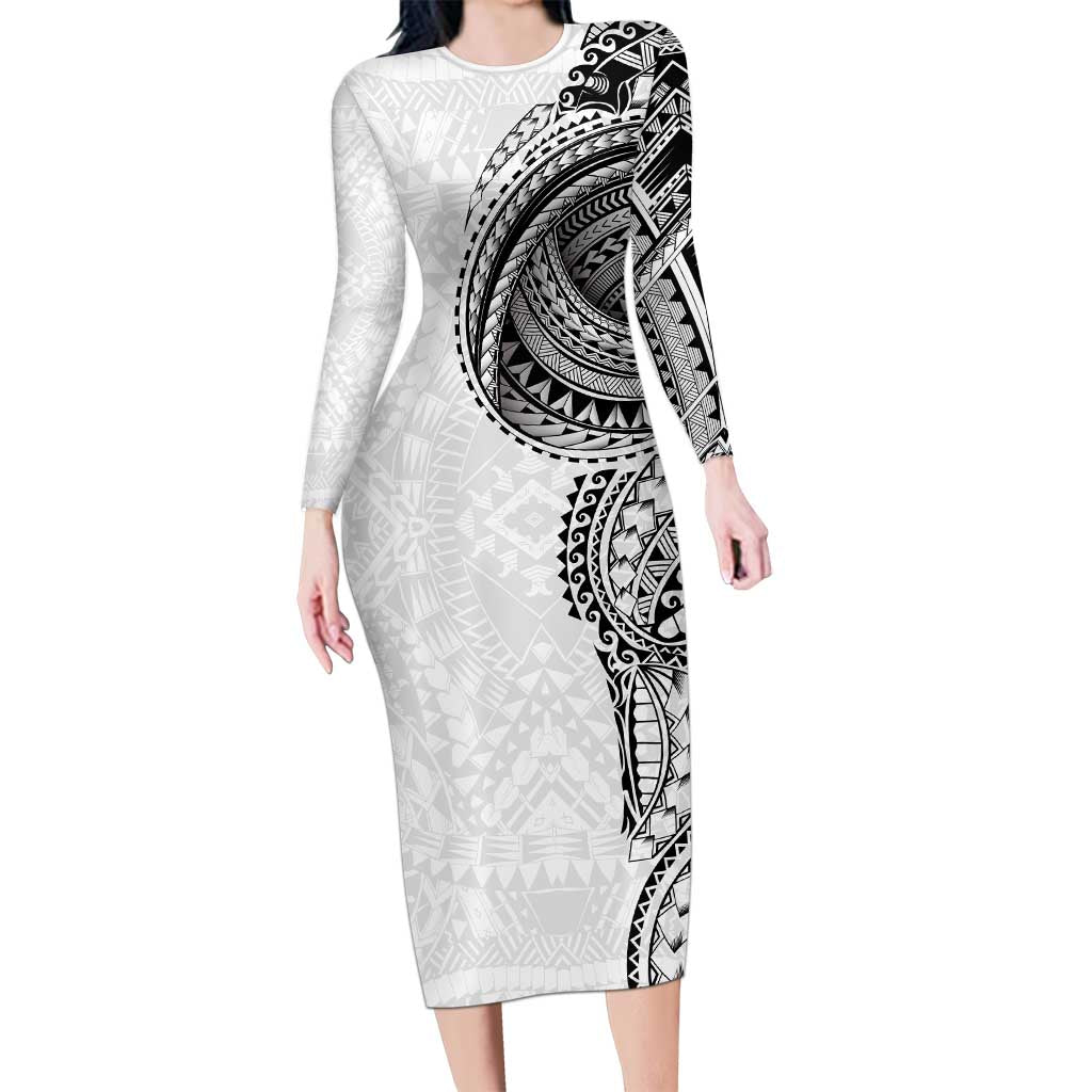 Traditional Polynesian Art Tattoos Family Matching Long Sleeve Bodycon Dress and Hawaiian Shirt White Color LT03 Mom's Dress White - Polynesian Pride