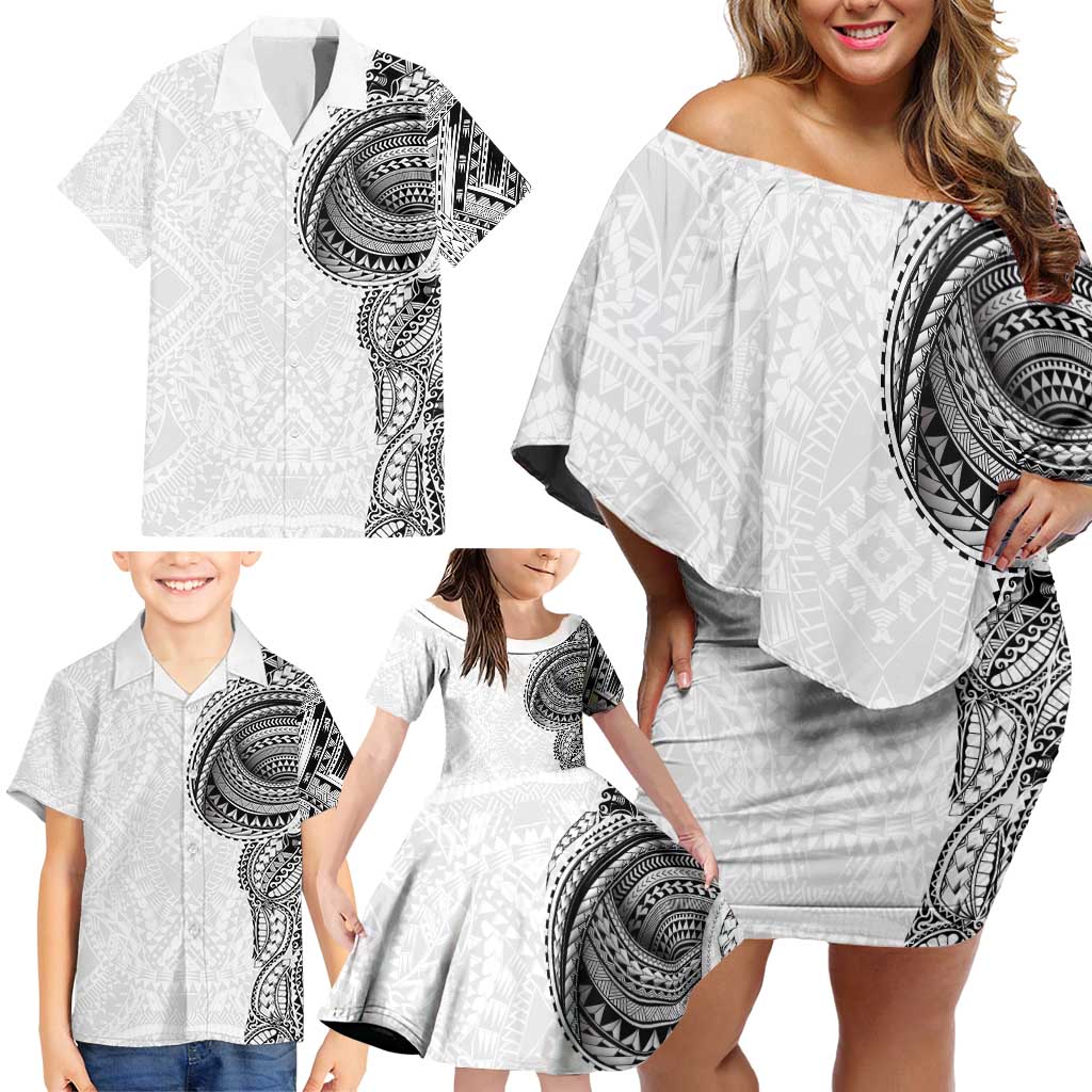 Traditional Polynesian Art Tattoos Family Matching Off Shoulder Short Dress and Hawaiian Shirt White Color - Polynesian Pride