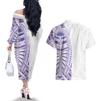 Traditional Polynesian Art Tattoos Couples Matching Off The Shoulder Long Sleeve Dress and Hawaiian Shirt Purple Color - Polynesian Pride