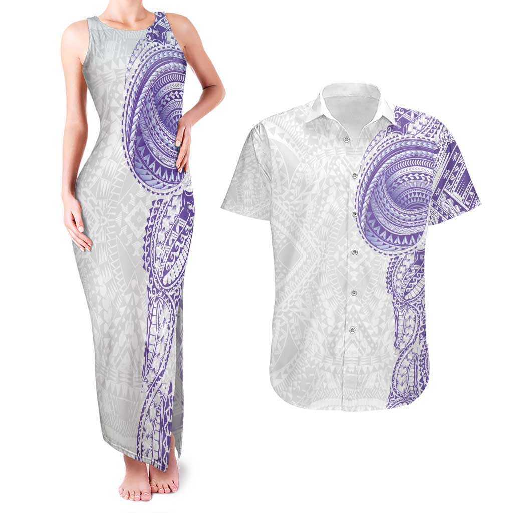 Traditional Polynesian Art Tattoos Couples Matching Tank Maxi Dress and Hawaiian Shirt Purple Color - Polynesian Pride