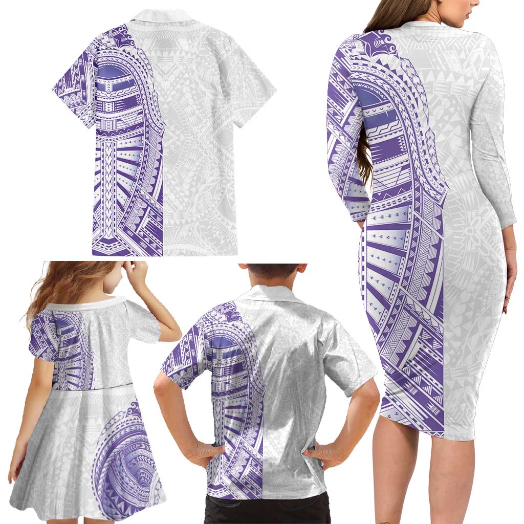 Traditional Polynesian Art Tattoos Family Matching Long Sleeve Bodycon Dress and Hawaiian Shirt Purple Color LT03 - Polynesian Pride