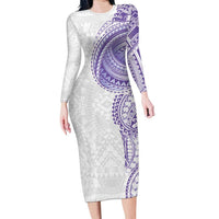 Traditional Polynesian Art Tattoos Family Matching Long Sleeve Bodycon Dress and Hawaiian Shirt Purple Color LT03 Mom's Dress Purple - Polynesian Pride