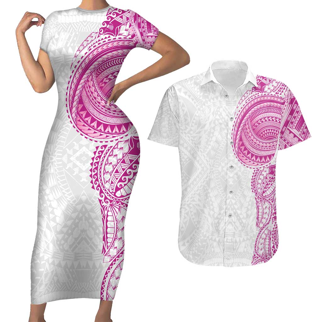 Traditional Polynesian Art Tattoos Couples Matching Short Sleeve Bodycon Dress and Hawaiian Shirt Pink Color LT03 Pink - Polynesian Pride