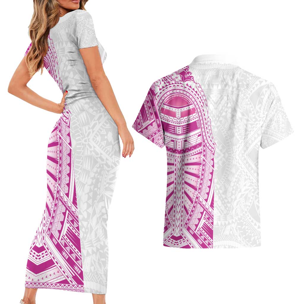 Traditional Polynesian Art Tattoos Couples Matching Short Sleeve Bodycon Dress and Hawaiian Shirt Pink Color LT03 - Polynesian Pride