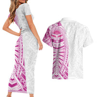 Traditional Polynesian Art Tattoos Couples Matching Short Sleeve Bodycon Dress and Hawaiian Shirt Pink Color LT03 - Polynesian Pride
