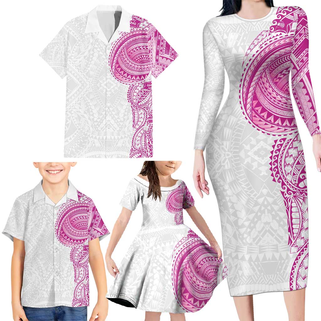 Traditional Polynesian Art Tattoos Family Matching Long Sleeve Bodycon Dress and Hawaiian Shirt Pink Color LT03 - Polynesian Pride